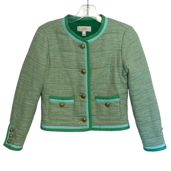 J. Crew Collarless Tweed Blazer Jacket Womens Size 0 Spearmint Green Career - Picture 2 of 11